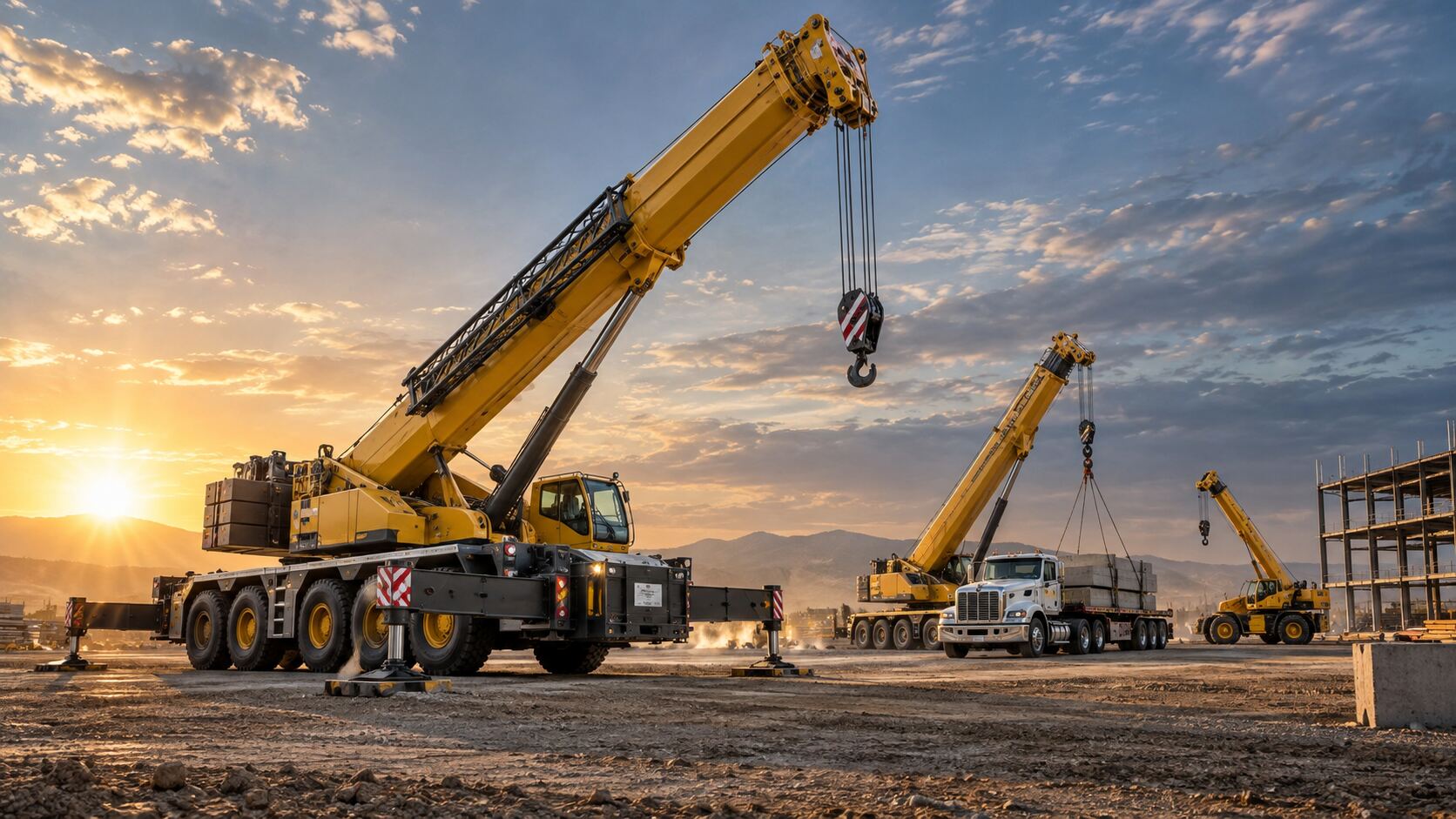 Mobile crane lifting materials on a job site