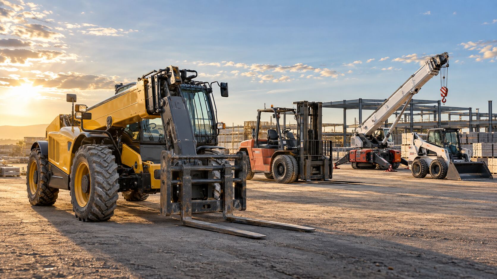 Telehandler, forklift and mini crane staged at a construction yard
