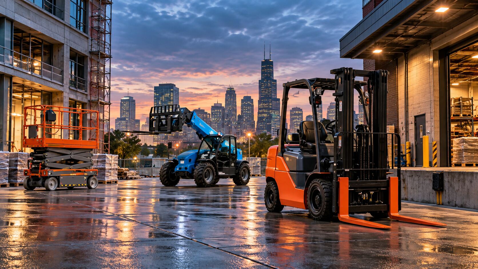 Forklift and telehandler staged near a loading dock